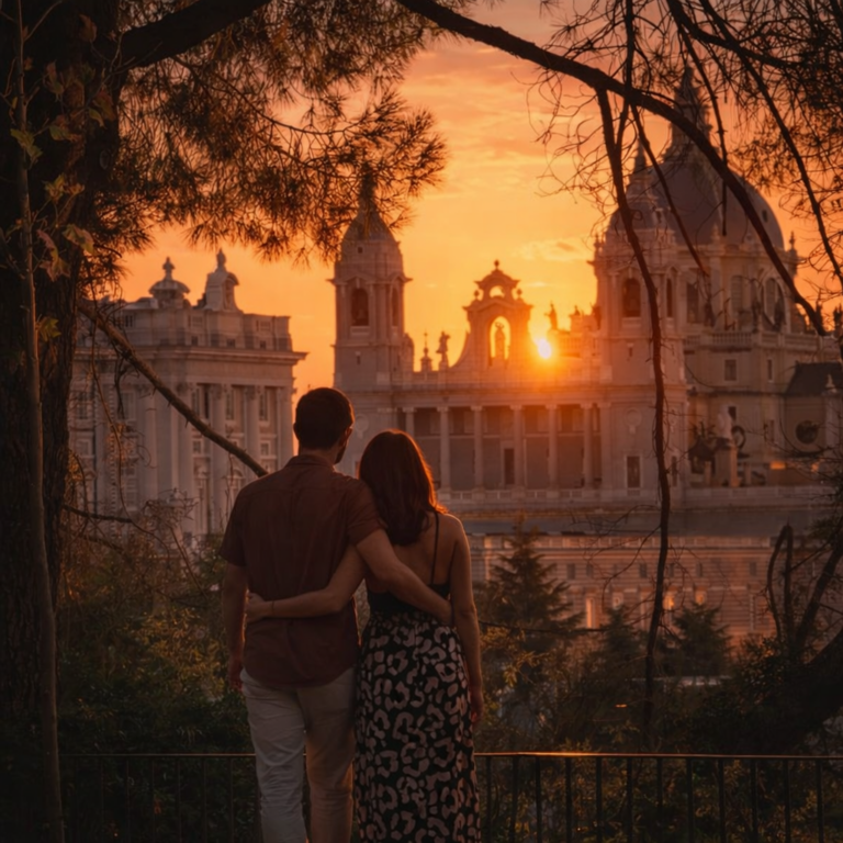Couple admirant le coucher de soleil sur Madrid depuis un belvédère romantique