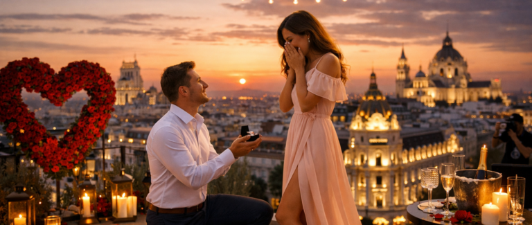 Organisation de demande en mariage originale sur rooftop romantique à Madrid