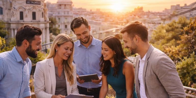 Agence événementielle à Madrid organisant un événement professionnel sur rooftop au cœur de la ville.