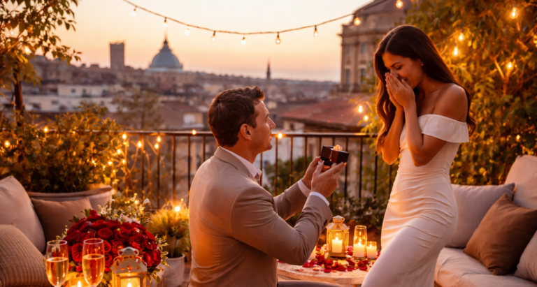 Demande en mariage unique sur un rooftop à Madrid au coucher du soleil avec champagne et décoration romantique