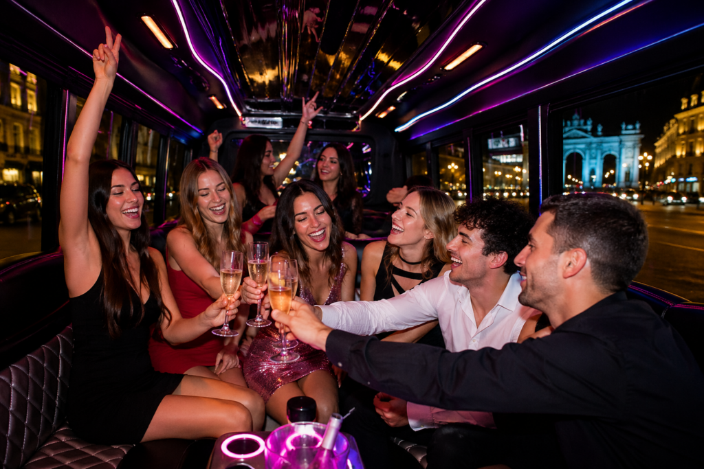 limobus madrid ambiance festive groupe avec musique et cava
