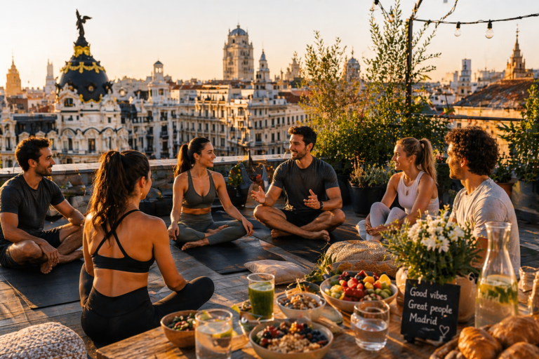 Groupe en séance de yoga sur un rooftop à Madrid pour motiver équipe lors d’un incentive