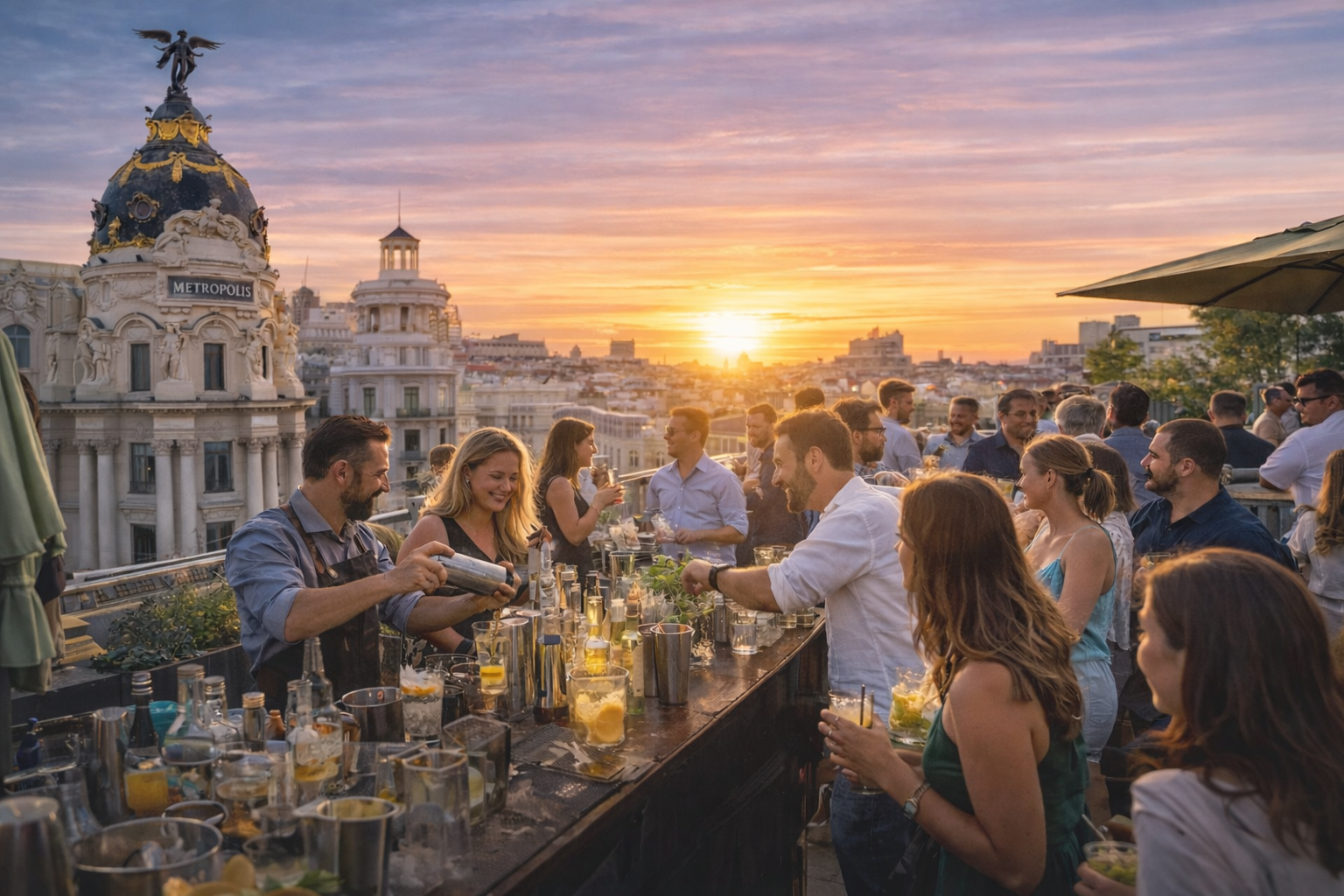 Événement de team building à Madrid avec atelier cocktails sur un rooftop face au Metropolis.