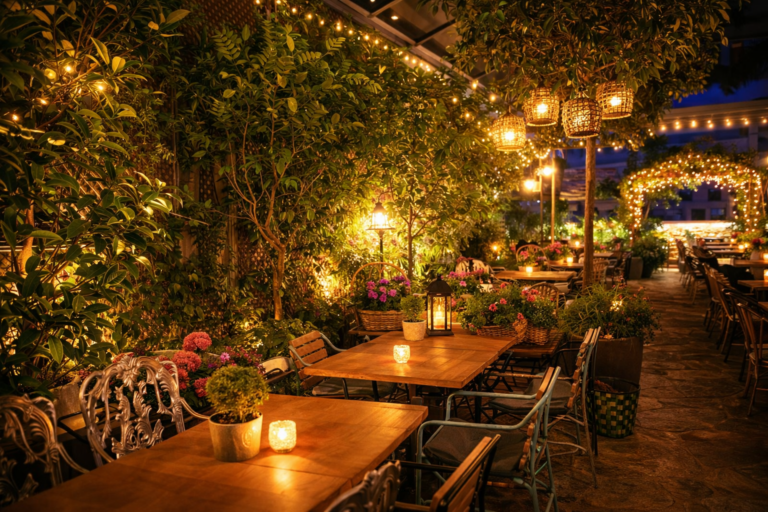 Terrasse d’un Madrid rooftop bar avec ambiance romantique et vue pour dîner en soirée