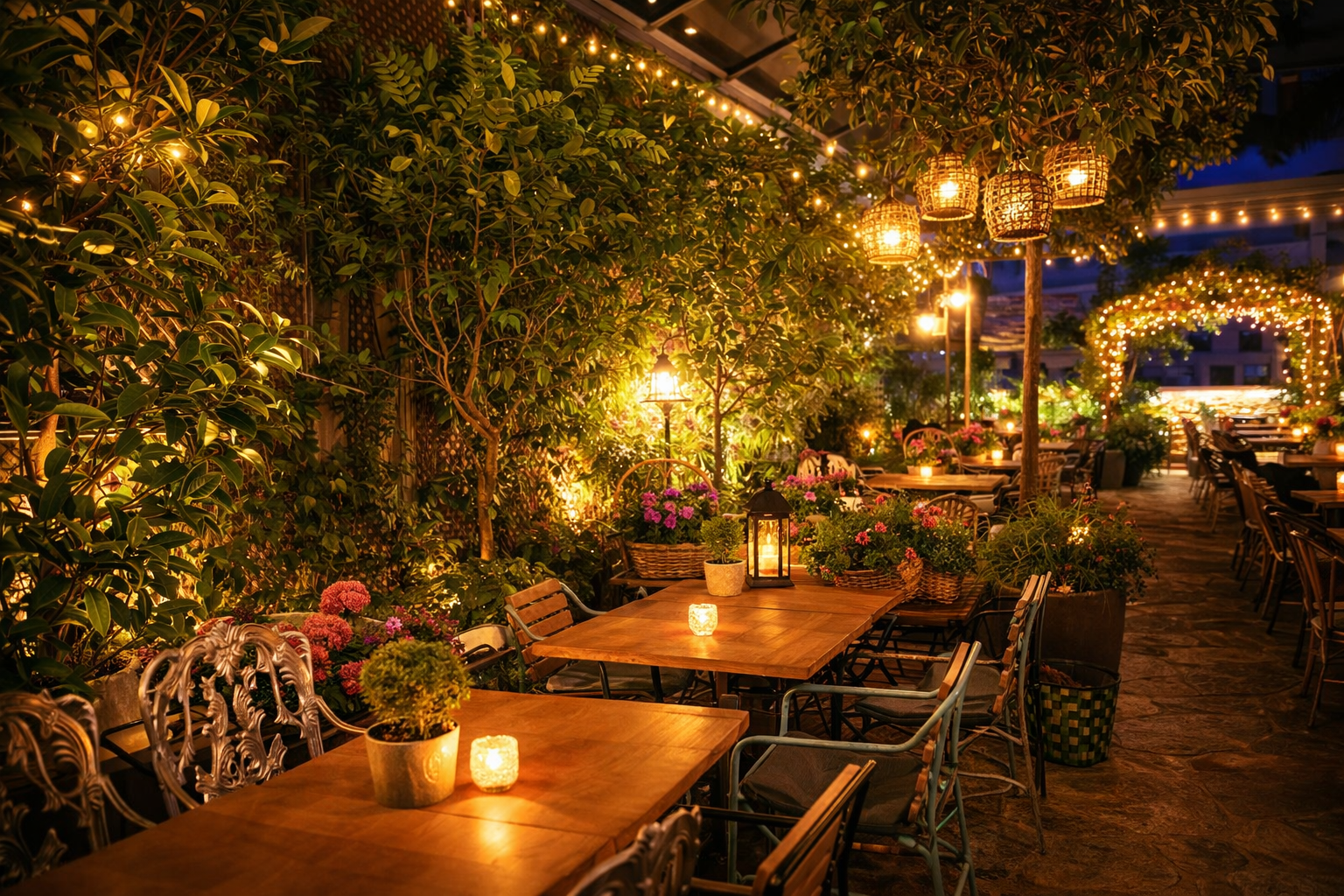 Terrasse d’un Madrid rooftop bar avec ambiance romantique et vue pour dîner en soirée