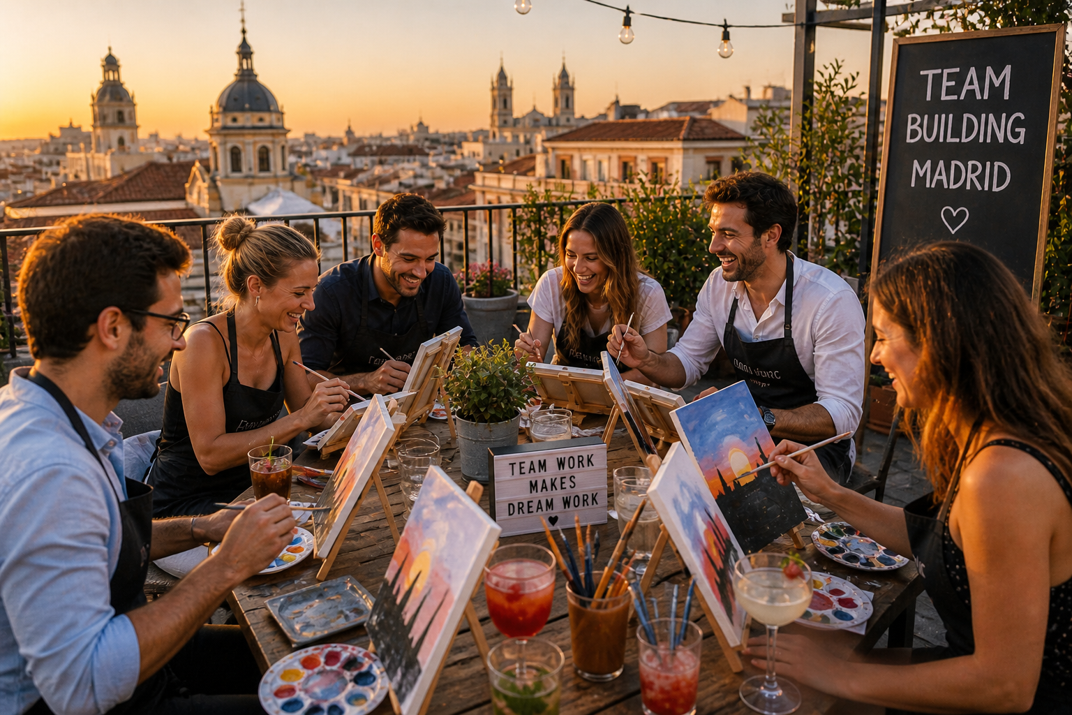 Petit groupe en activité team building à Madrid sur un rooftop