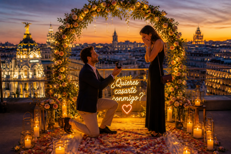 Demande en mariage surprise organisée à Madrid avec décoration romantique