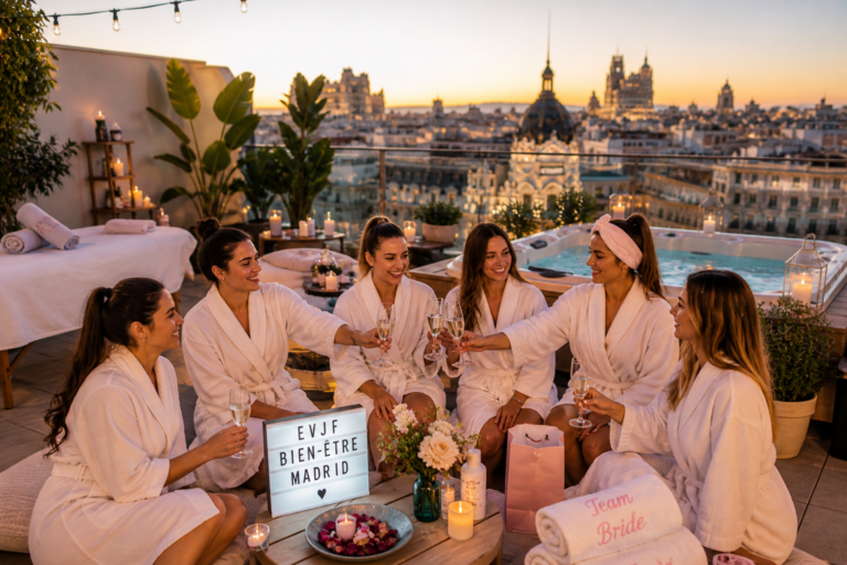 Groupe de femmes en EVJF bien-être à Madrid dans un spa