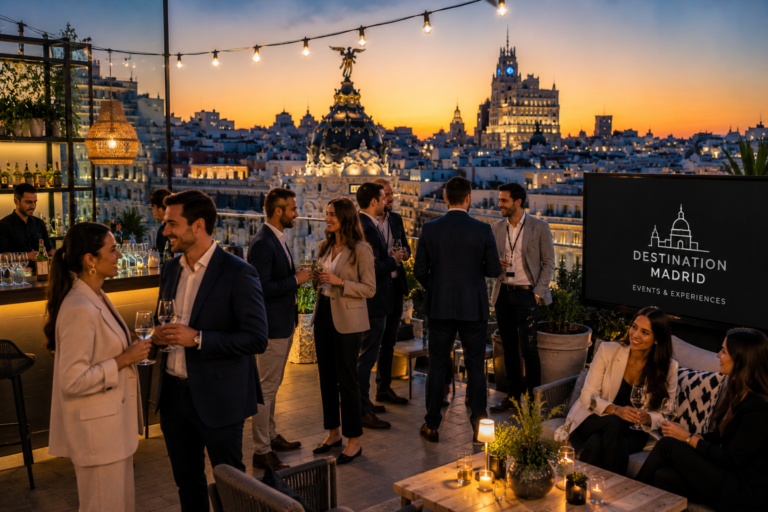 Événement d’entreprise sur un rooftop à Madrid avec vue panoramique