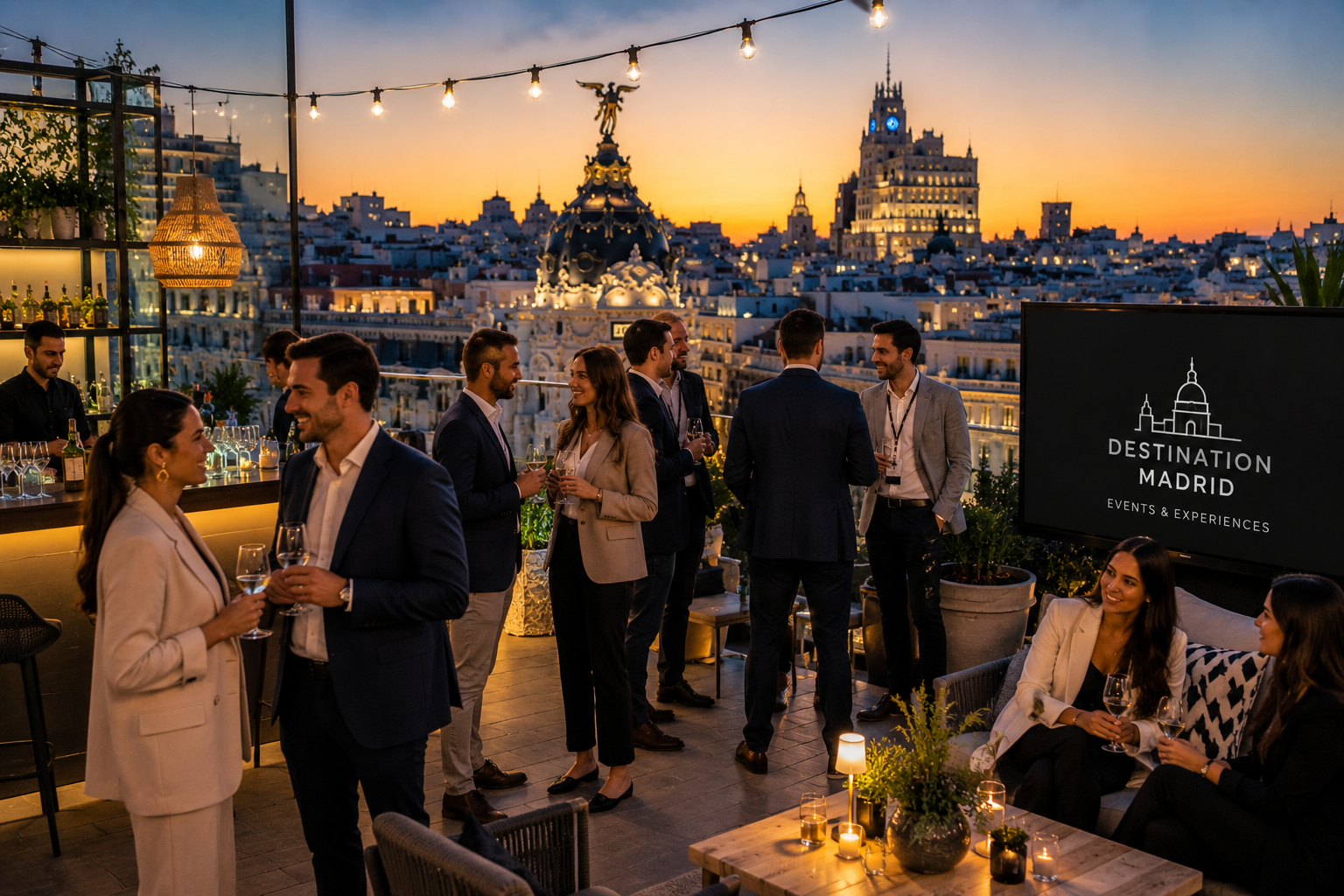Événement d’entreprise sur un rooftop à Madrid avec vue panoramique
