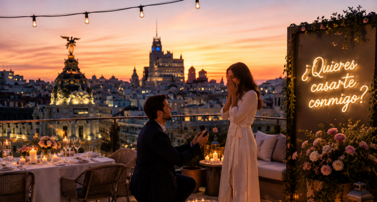 Couple sur un rooftop romantique à Madrid au coucher du soleil