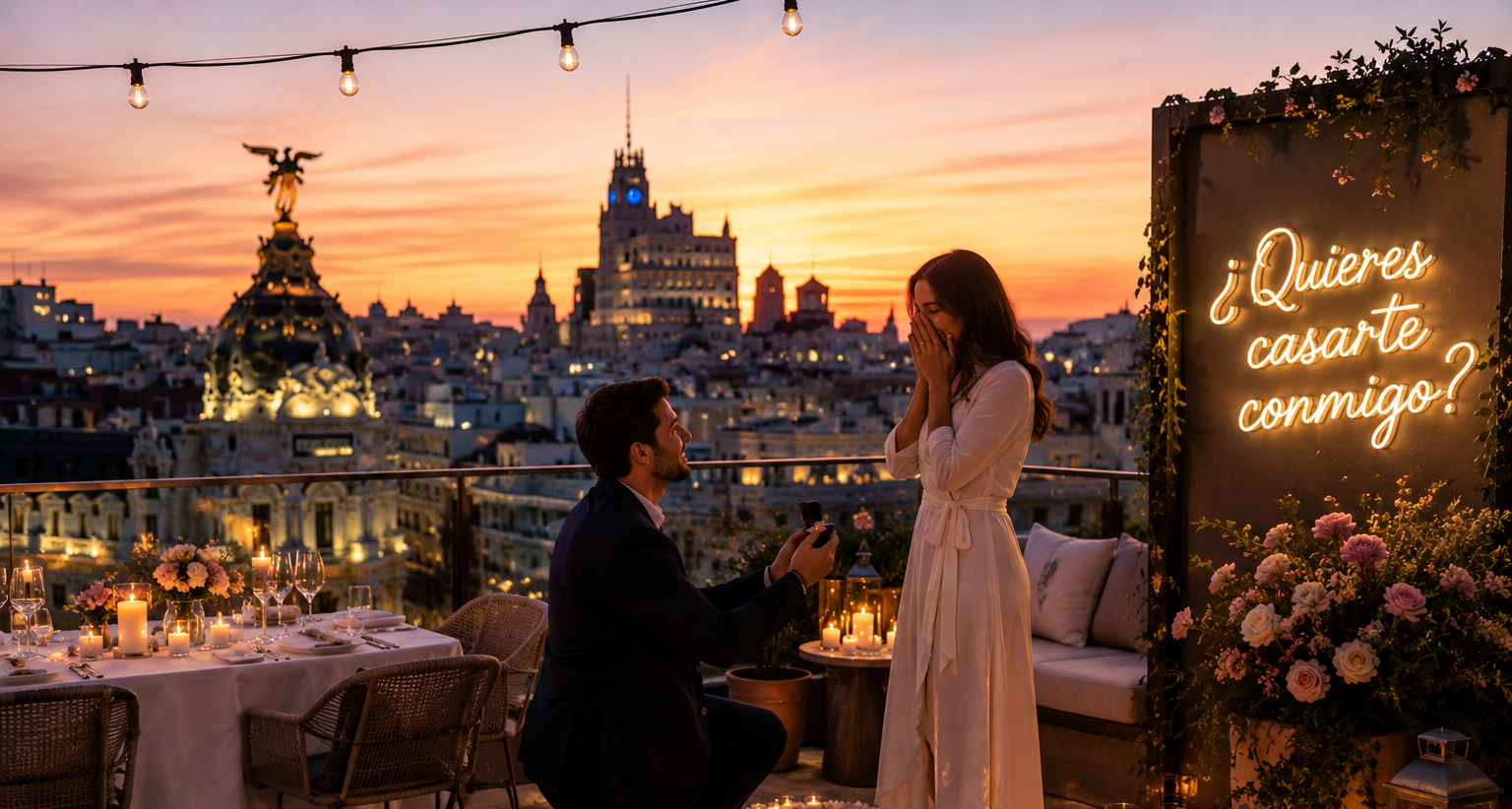 Couple sur un rooftop romantique à Madrid au coucher du soleil