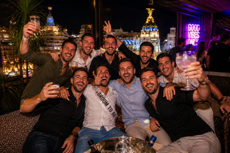 Groupe d’amis en soirée EVG à Madrid dans un bar festif