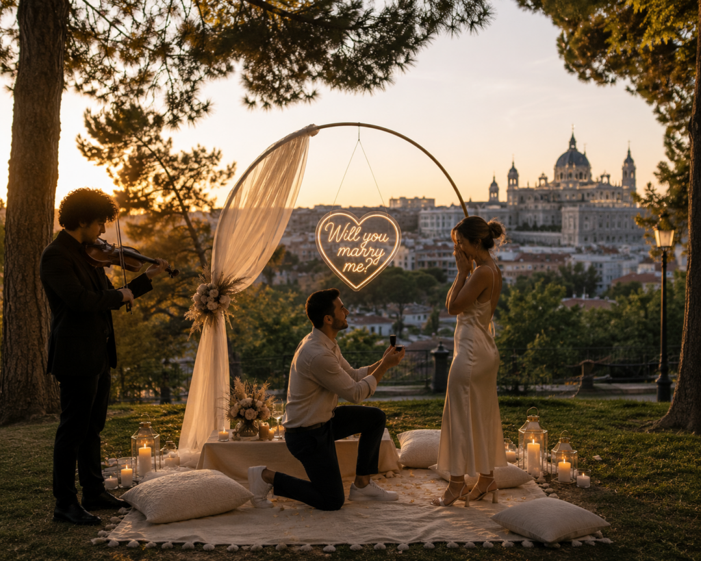 Demande en mariage romantique à Madrid avec arche décorée et musicien privé