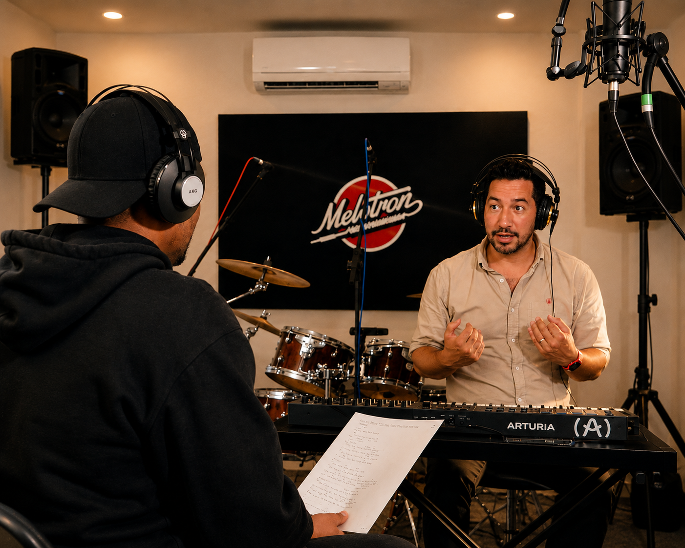 Coach vocal accompagnant un participant dans un studio d'enregistrement à Madrid