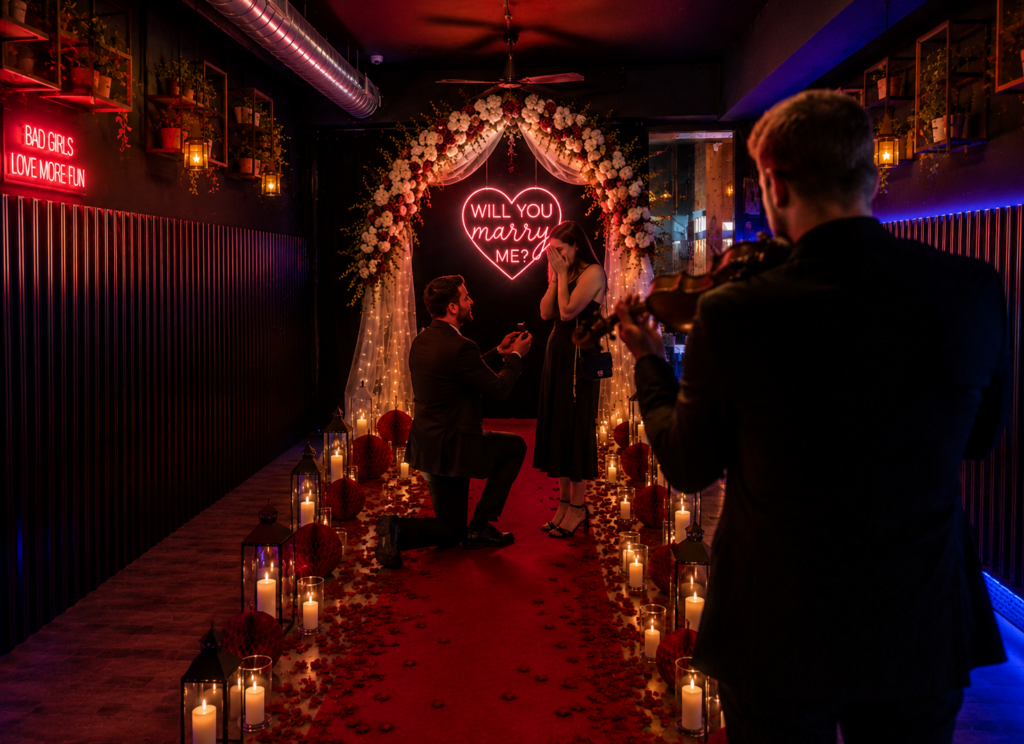 Demande en mariage romantique dans un bar privatisé à Madrid avec violoniste, arche lumineuse et décoration élégante.