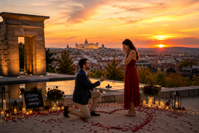 Couple réalisant une demande en mariage au coucher du soleil à Madrid
