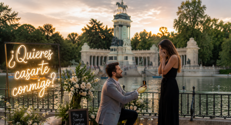 Demande en mariage surprise à Madrid avec décoration romantique