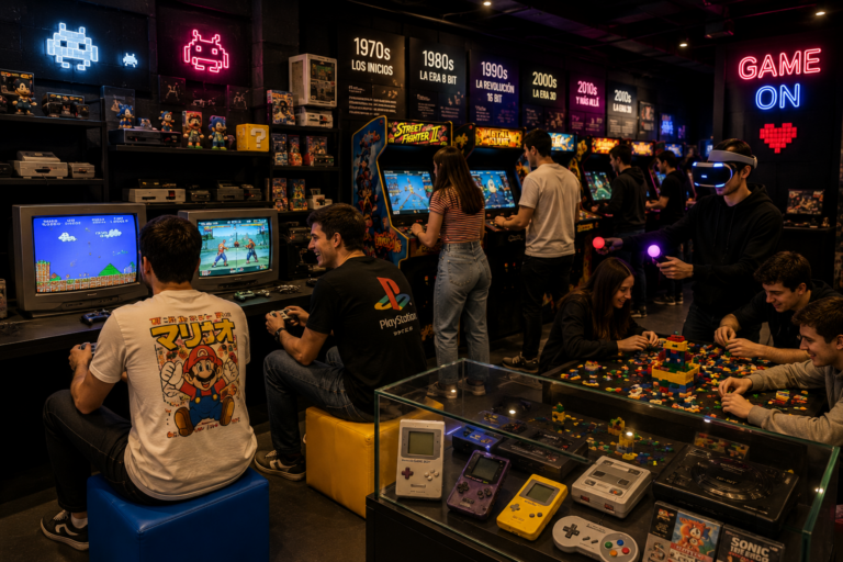 Visiteurs découvrant des consoles rétro, des bornes d’arcade et des expériences de réalité virtuelle dans un musée du jeu vidéo à Madrid