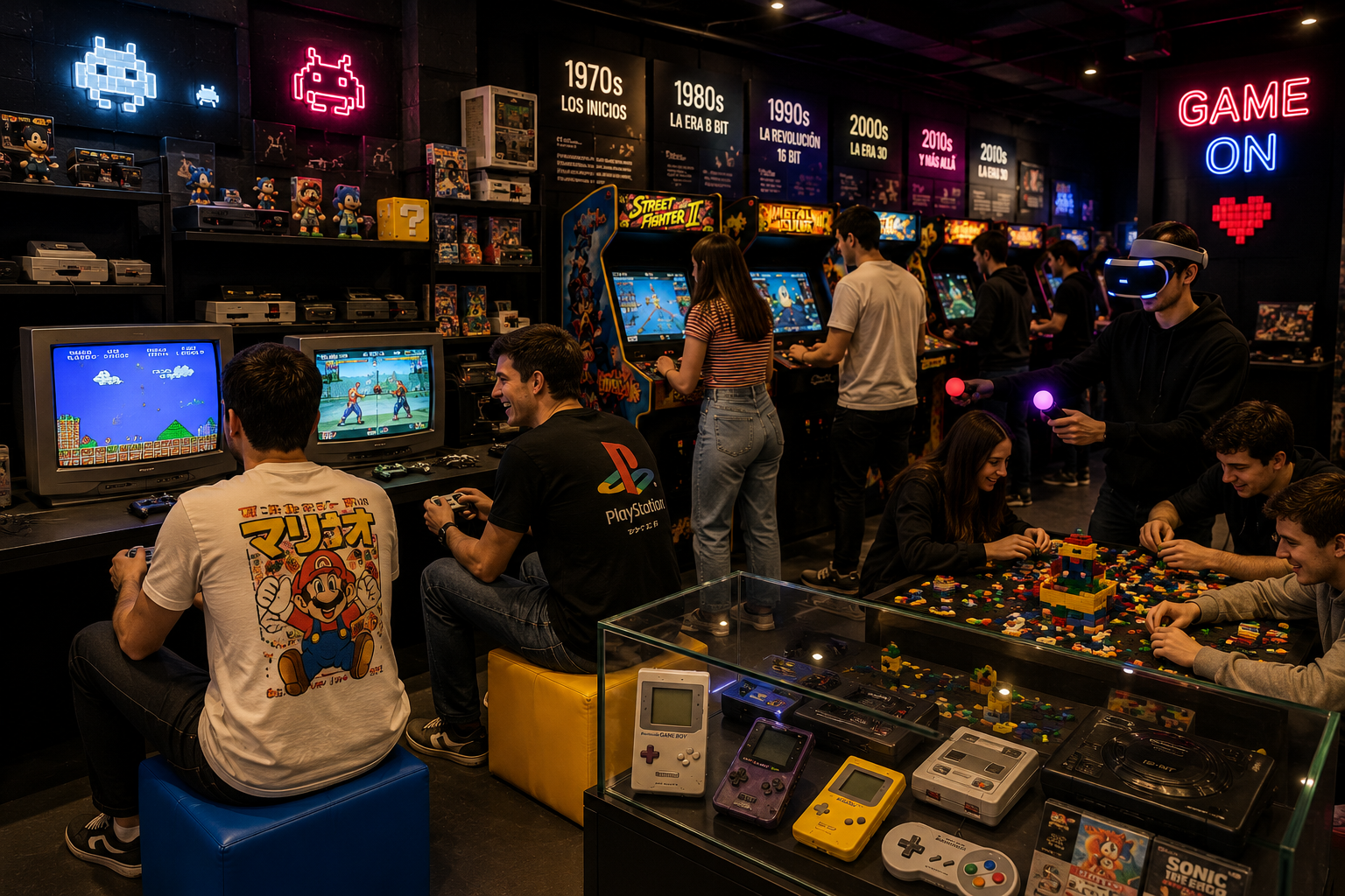 Visiteurs découvrant des consoles rétro, des bornes d’arcade et des expériences de réalité virtuelle dans un musée du jeu vidéo à Madrid