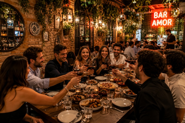Grand groupe d'amis partageant un repas dans un restaurant à Madrid