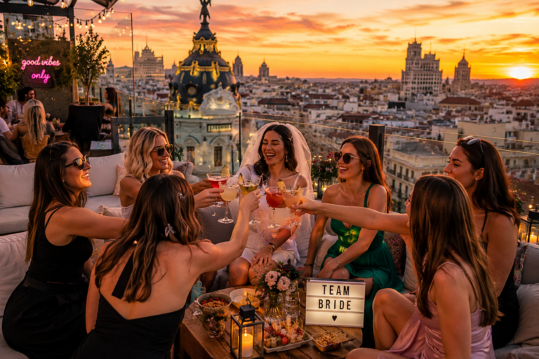 Groupe de femmes profitant d’un rooftop à Madrid lors d’un EVJF