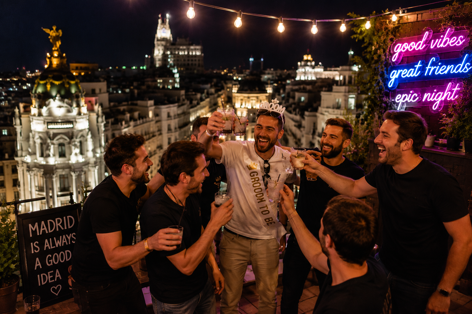 Groupe d'amis profitant d'une soirée EVG à Madrid