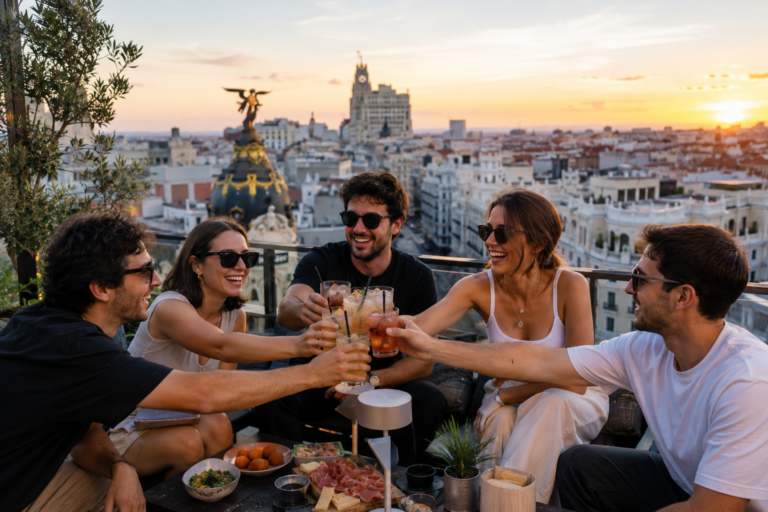 Groupe d’amis profitant d’un week-end à Madrid avec activités et rooftop