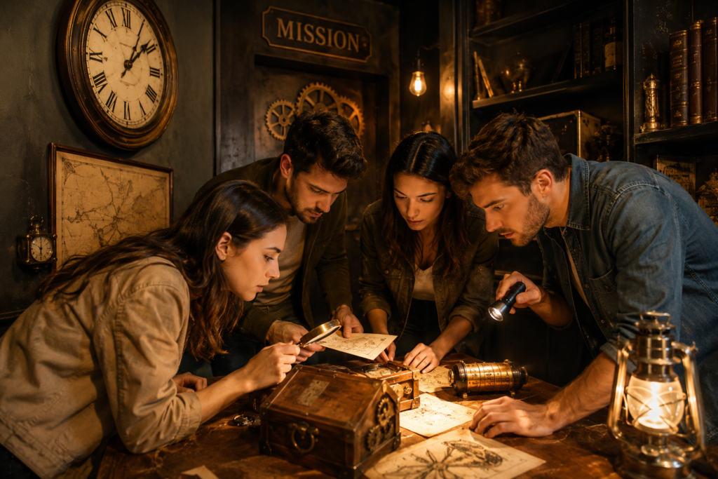 Groupe de participantes dans un escape game immersif à Madrid